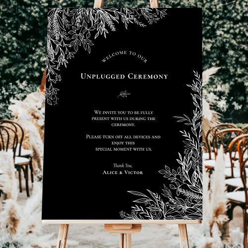 Black and White Greenery Unplugged Ceremony Sign