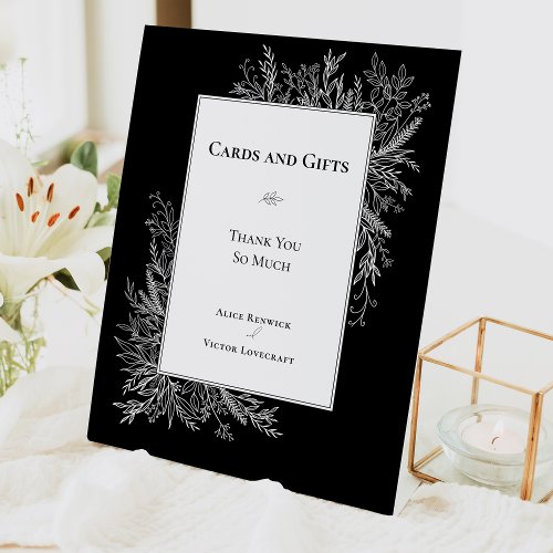 Black and White Greenery Wedding Cards and Gifts Pedestal Sign