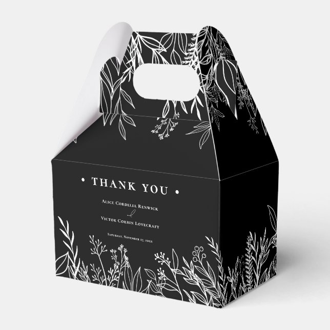 Black and White Greenery Wedding Favor Boxes (Front Side)
