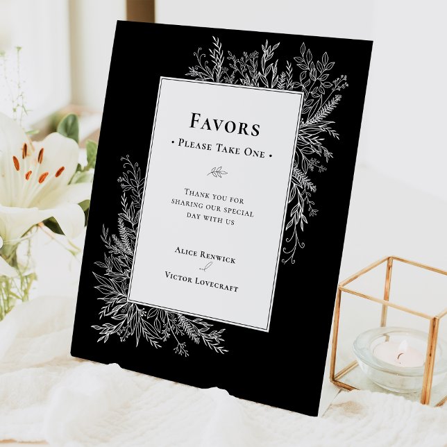 Black and White Greenery Wedding Favors Pedestal Sign (Creator Uploaded)