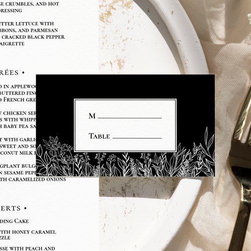 Black and White Greenery Wedding Flat Place Card