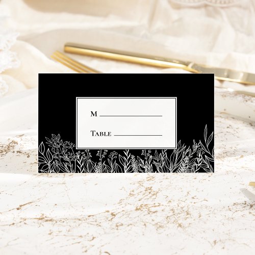 Black and White Greenery Wedding Folded Place Card