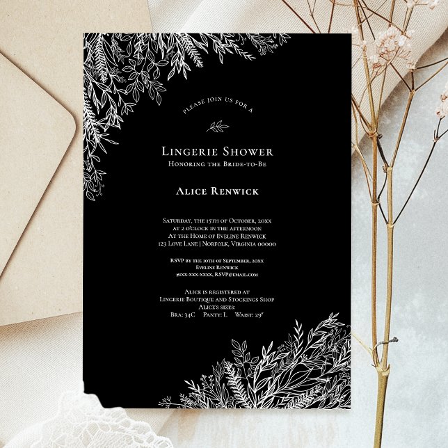 Black and White Greenery Wedding Lingerie Shower Invitation (Creator Uploaded)