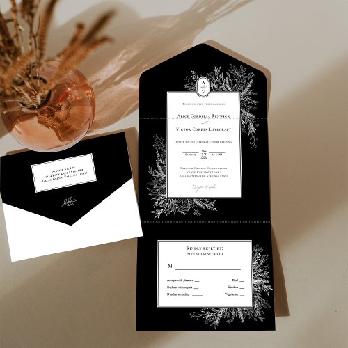 Black and White Greenery Wedding Monogram All In One Invitation
