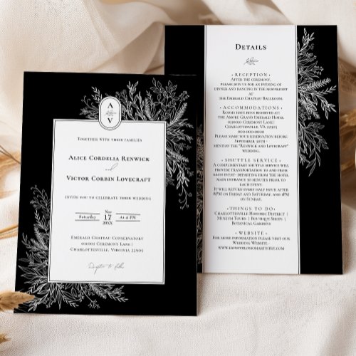 Black and White Greenery Wedding Monogram Details Invitation