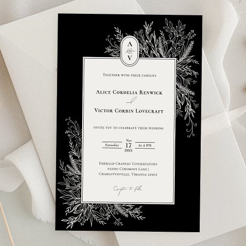 Black and White Greenery Wedding Monogram Invitation