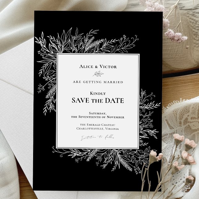 Black and White Greenery Wedding Monogram Save The Date (Creator Uploaded)