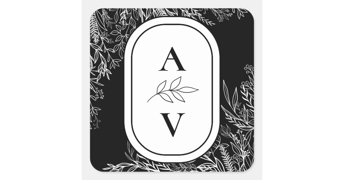 Black and White Greenery Wedding Monogram Square Sticker | Zazzle