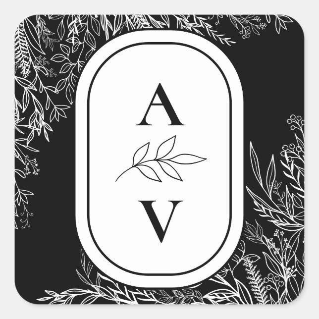 Black and White Greenery Wedding Monogram Square Sticker (Front)