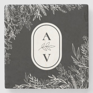 Black and White Greenery Wedding Monogram Stone Coaster