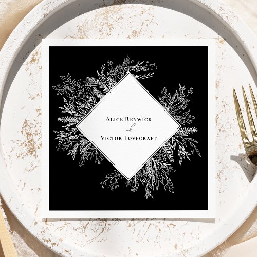 Black and White Greenery Wedding Napkins