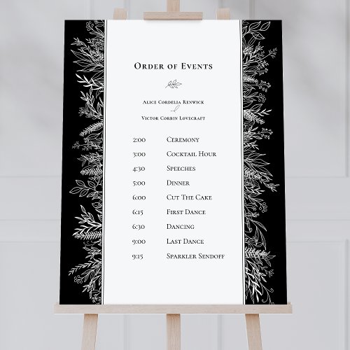 Black and White Greenery Wedding Order of Events Foam Board