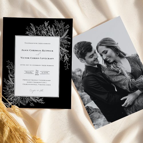 Black and White Greenery Wedding Photo Invitation