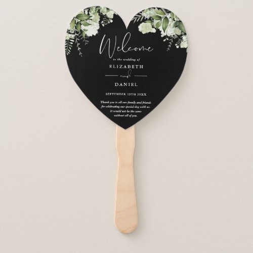 Black And White Greenery Wedding Program Heart Hand Fan