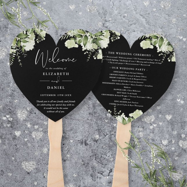 Black And White Greenery Wedding Program Heart Hand Fan (Black And White Greenery Wedding Program Heart Hand Fan)