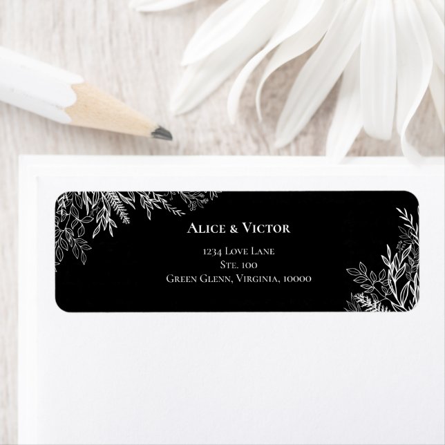 Black and White Greenery Wedding Return Address Label (Insitu)
