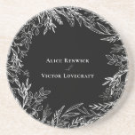 Black and White Greenery Wedding Sandstone Coaster<br><div class="desc">This Black and White Greenery Wedding Sandstone Coaster design offers a classic combination of simple minimalist typography with a neutral black and white color story and chic line art greenery. The moody leaf silhouette embellishments are artfully arranged to create a beautiful flowing shape that sets off the polished geometric elements,...</div>