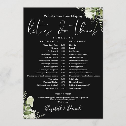 Black And White Greenery Wedding Schedule Timeline Program