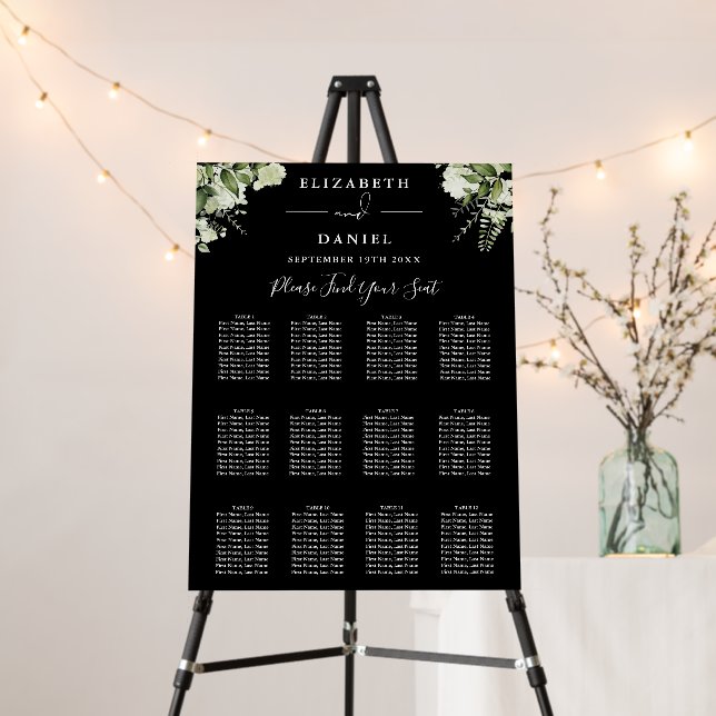 Black And White Greenery Wedding Seating Chart Foam Board (In Situ (Stand))