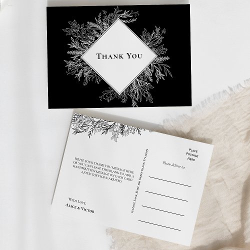 Black and White Greenery Wedding Thank You Postcard