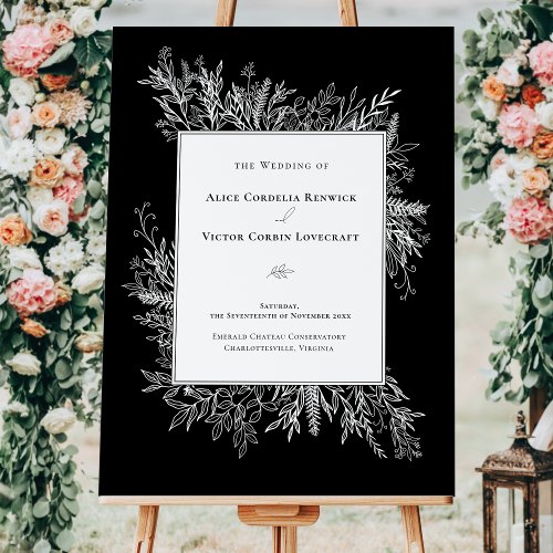 Black and White Greenery Wedding Welcome Sign