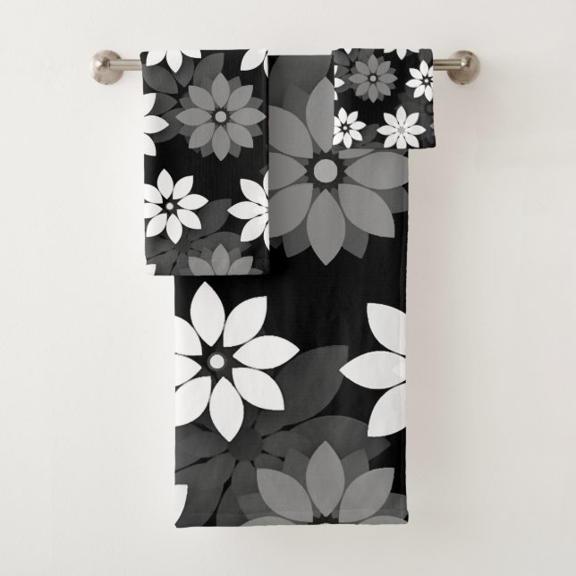 Black and white, grey seamless flower pattern bath towel set (Insitu)