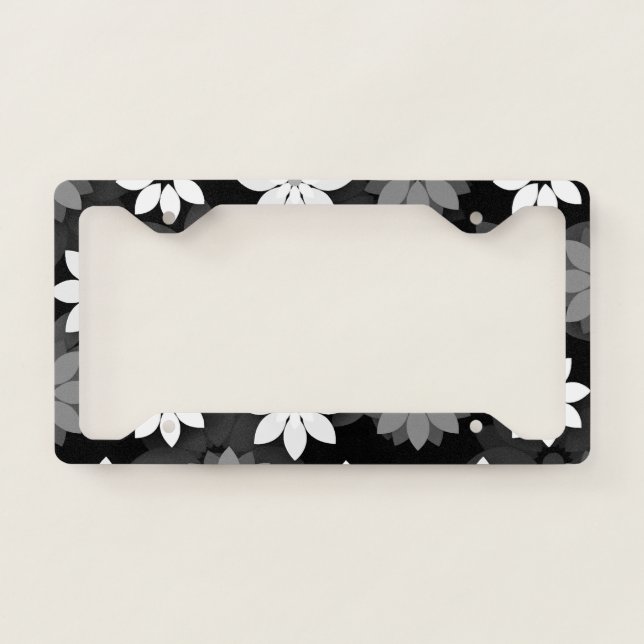 Black and white, grey seamless flower pattern license plate frame (Front)