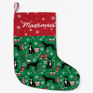 Black and White greyhound custom dog name Small Christmas Stocking