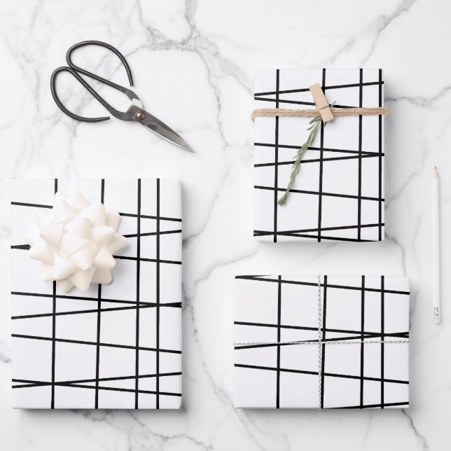 Black and White Grid Lines Wrapping Paper Sheets (Front)