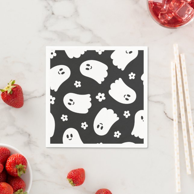Black and White Groovy Ghost and Flowers Napkins (Insitu)