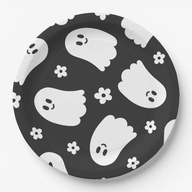 Black and White Groovy Ghost and Flowers Paper Plates (Front)