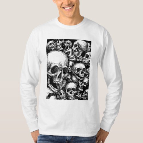Black and White Group of Skulls Long_Sleeve T_Shirt