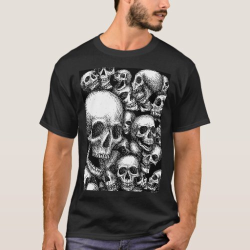 Black and White Group of Skulls T_Shirt