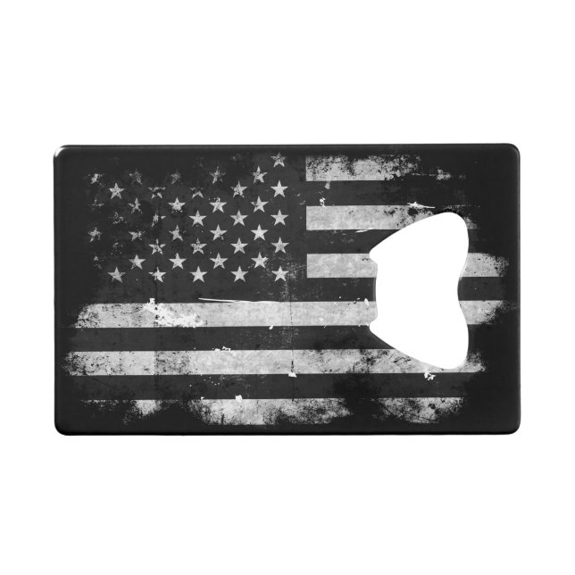 Black and White Grunge American Flag Credit Card Bottle Opener (Front (Horizontal))