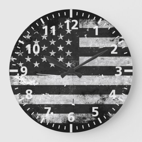 Black and White Grunge American Flag Large Clock