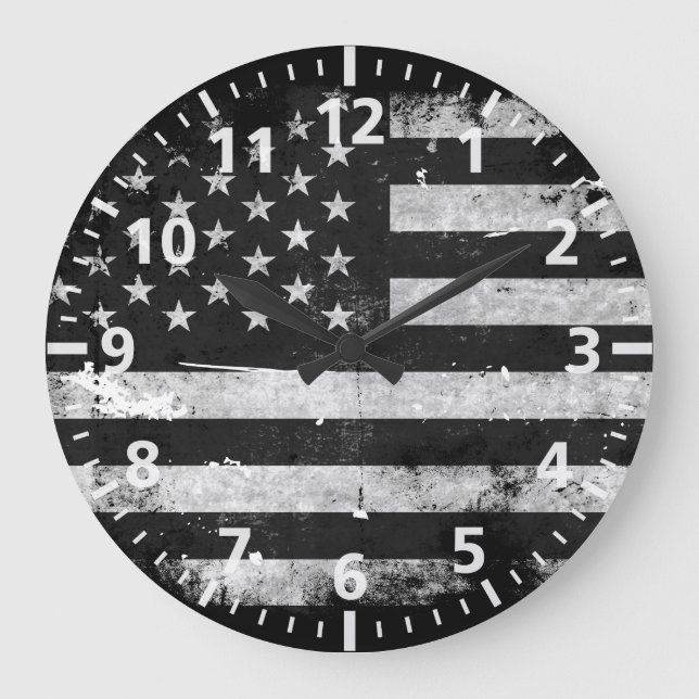 Black and White Grunge American Flag Large Clock (Front)