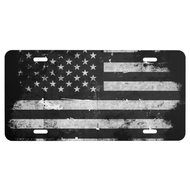 Black and White Grunge American Flag License Plate (Front)