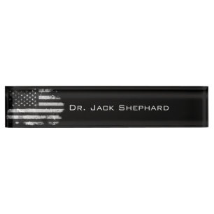 Black and White Grunge American Flag Name Plate