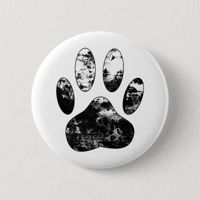 Black and White Grunge Dog Paw Print Button (Front)