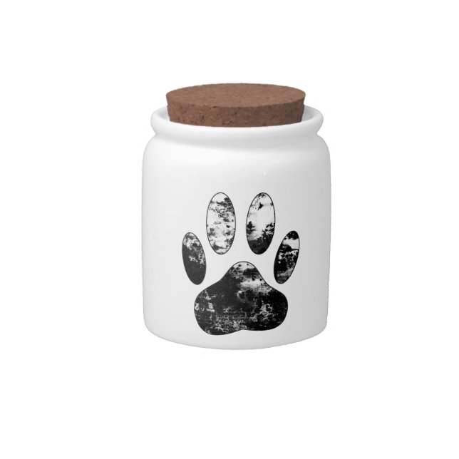 Black and White Grunge Dog Paw Print Candy Jar (Front)