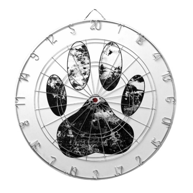 Black and White Grunge Dog Paw Print Dart Board (Front)
