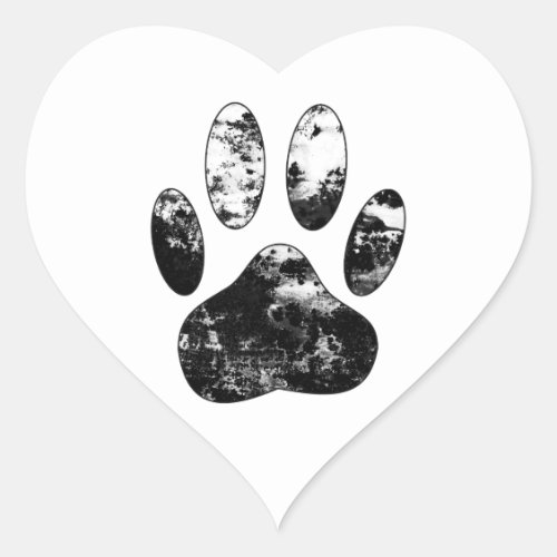 Black and White Grunge Dog Paw Print Heart Sticker