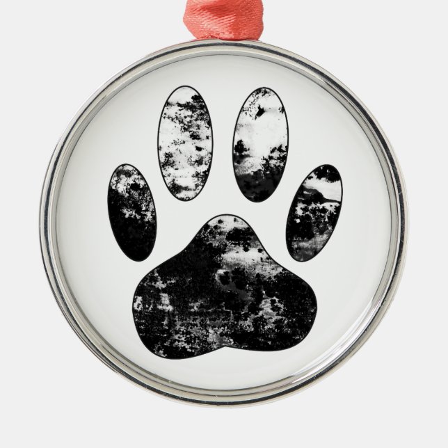 Black and White Grunge Dog Paw Print Metal Ornament (Front)