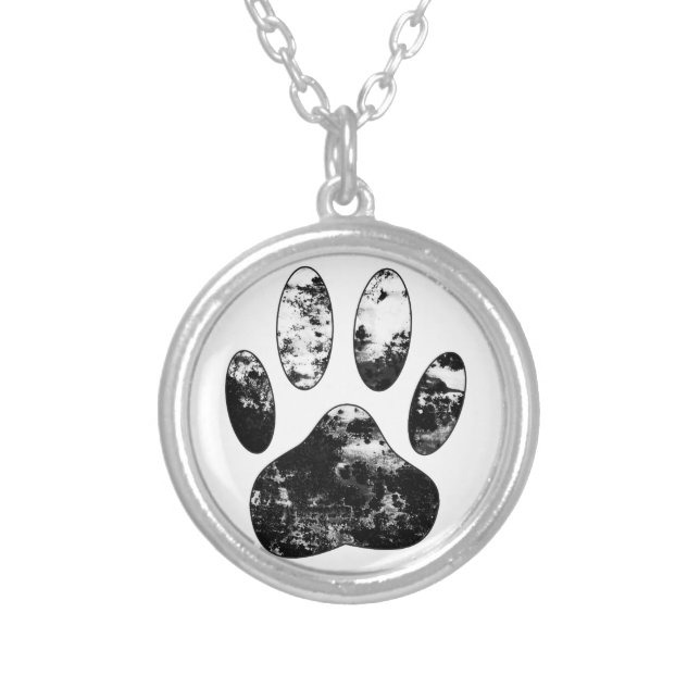 Black and White Grunge Dog Paw Print Silver Plated Necklace (Front)