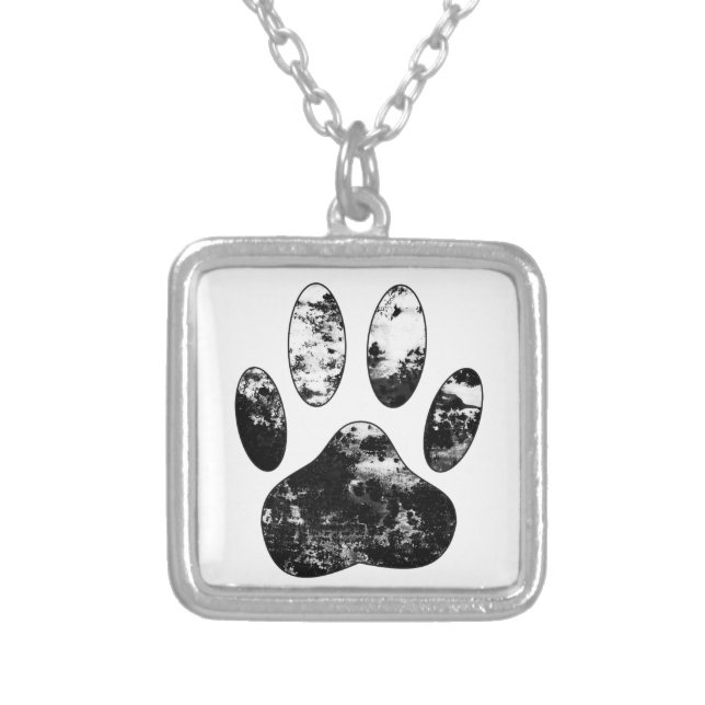 Black and White Grunge Dog Paw Print Silver Plated Necklace (Front)