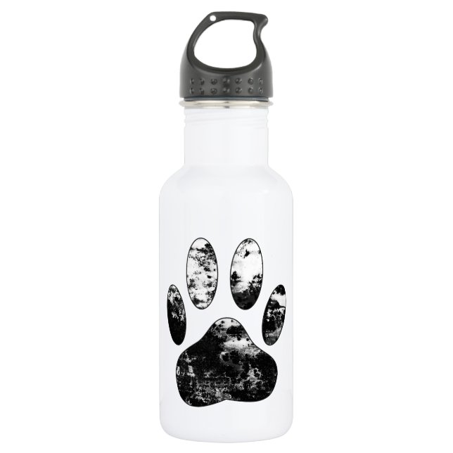 Black and White Grunge Dog Paw Print Stainless Steel Water Bottle (Front)