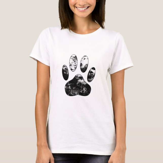 Black and White Grunge Dog Paw Print T-Shirt (Front)