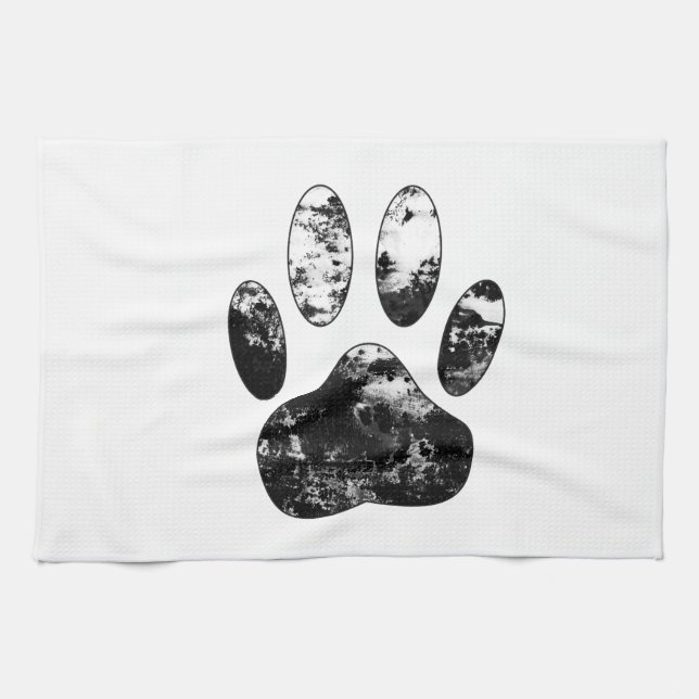 Black and White Grunge Dog Paw Print Towel (Horizontal)