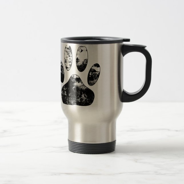 Black and White Grunge Dog Paw Print Travel Mug (Right)