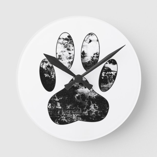 Black and White Grunge Dog Paw Round Clock (Front)
